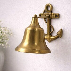 Large Vintage Brass Nautical Anchor Ship Bell Wall Mounted Coastal Decor